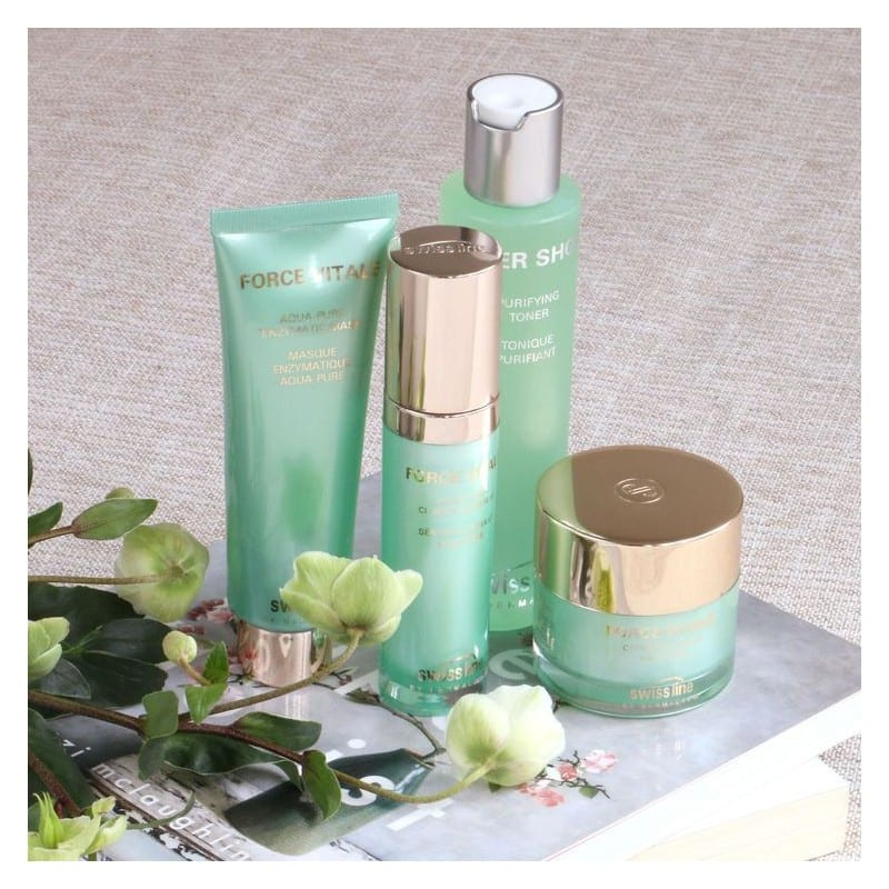 Huyết thanh trị mụn viêm cân bằng dầu và se khít chân lông Swissline force vitale aqua pure clarifying serum